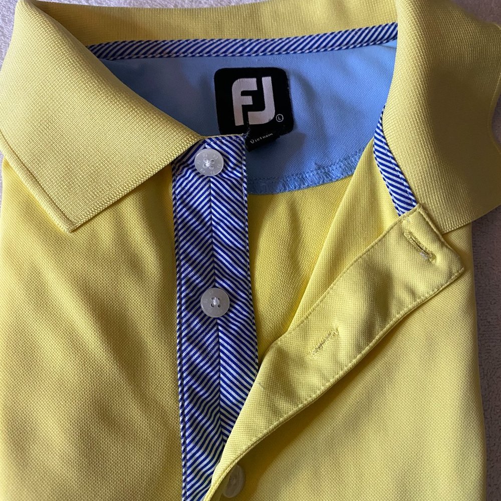 Footjoy Golf Shirt Mens Solid Yellow w/blue inside Stripe Polo Size Large.